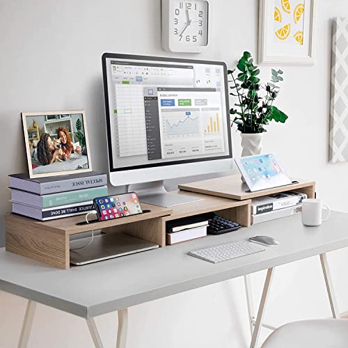 AMERIERGO-Dual-Monitor-Stand-Adjustable-Length-and-Angle-Dual-Monitor-Riser-Computer-Monitor-Stand-w2-Slot-Desktop-Organizer-Monitor-Stand-Riser-for-PC-Computer-Laptop-Wood