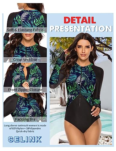 SELINK Women's Long Sleeve Rash Guard UV Protection Zipper Printed Surfing One Piece Swimsuit Bathing Suit3