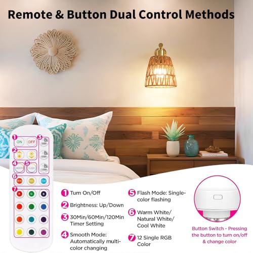Image of Battery Operated Wall Sconce Set of 2, Gold Battery Wall Sconces, USB Rechargeable Wall Lights with 2500mAh Dimmable Bulbs and Remote, RGB 15 Colors Wireless Wall Lamps for Bedroom Living Room Hallway