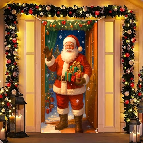 Image of BlissYard Door Cover Christmas Santa Wrapped Boxes 35x71 Inch Polyester