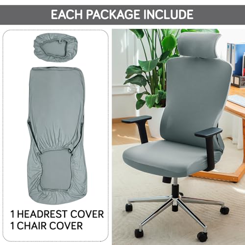 Image of HOKIPO 'SereneSolids' 140 GSM Office Chair Cover with Headrest (High-Back) - 140 GSM Stretch Fabric - Washable, Anti-Slip Fit for Ergonomic Mesh Office Chairs, Smokey Grey (AR-5369-SGRY)