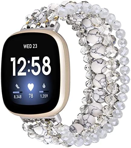 VISOOM Compatible with Fitbit Versa 3/Fitbit Sense Pearl Jewelry Beaded Strap Elastic Stretchy Replacement Band For Fitbit Versa 4/Fitbit Sense 2 Bracelet Women Men White/