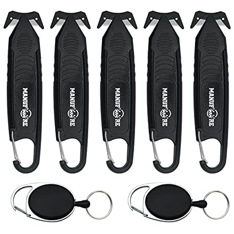 MANUFORE 5 Pack Saftey Knife Package Box Opener Film Cutter with 2 Retractable Key Chain for Shrink Wrap, Stretch Wrap, Tape, and Plastic Straps Cover