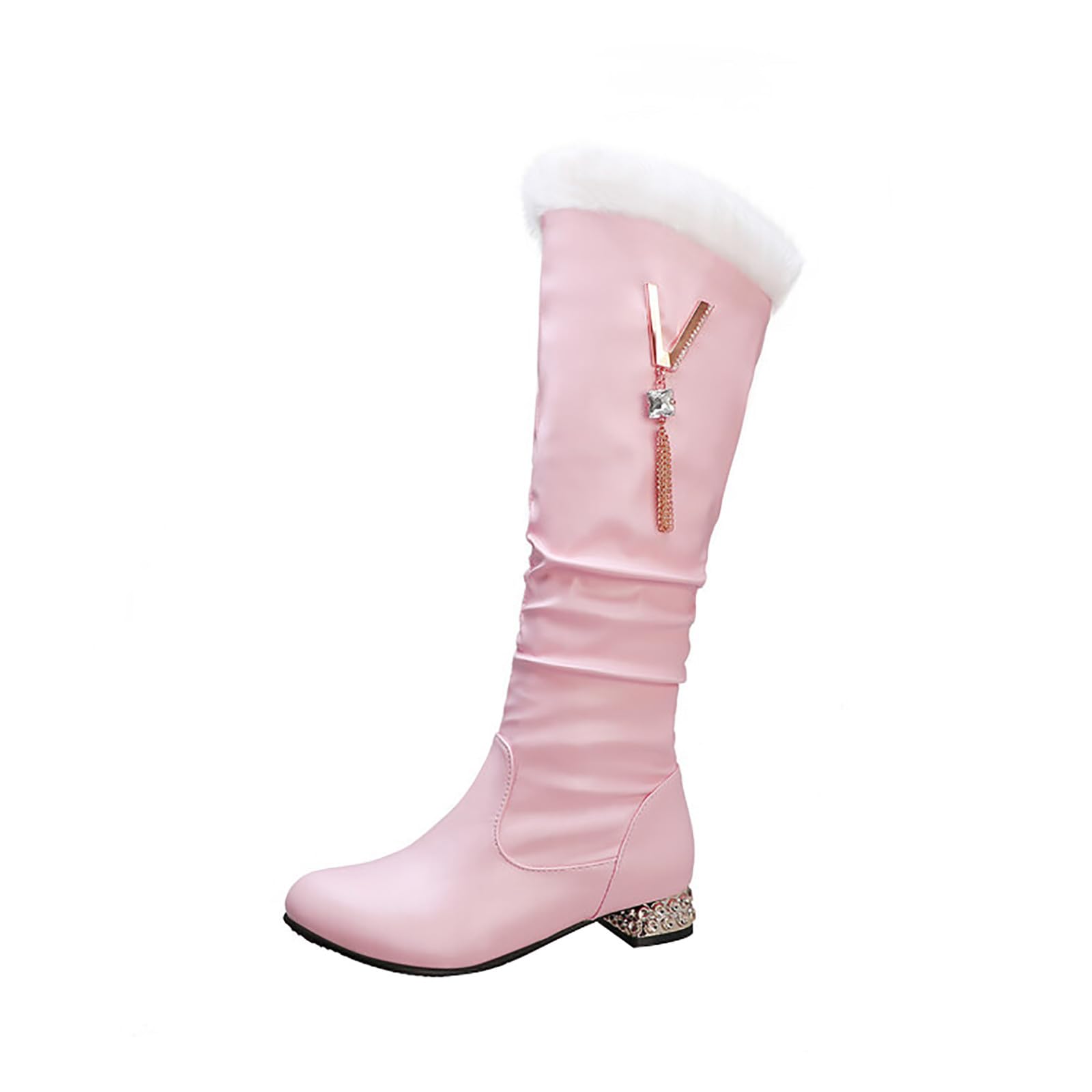 Womens Knee High Snow Boots Fur Lined Winter Warm Boots Low Heel Wide Calf Side Zipper Leather Boot