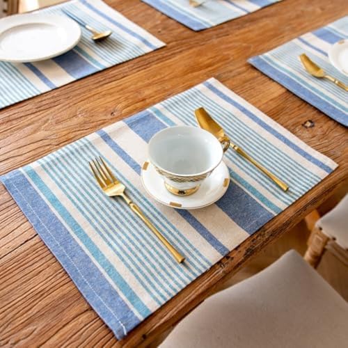 Set de table rayé rectangulaire durable en coton lin antidérapant pour table à manger - 4