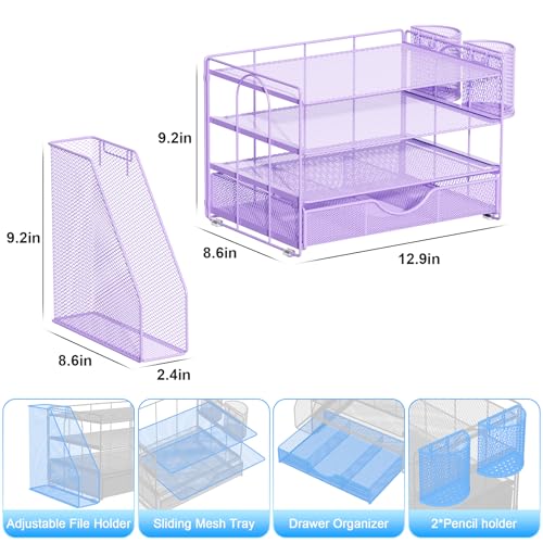 Image of gianotter Desk Organizers and Accessories with File Holder, 4-Tier Desk Accessories & Workspace Organizers with Drawer and 2 Pen Holder, Paper Organizer for Office Supplies (Purple)