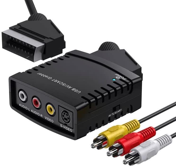 Video Grabber Video Capture Card, Video to Digital Converter, VHS to Digital Converter Transfer TV Hi8 VHS to DVD, RCA to USB Video Converter with AV to Scart Adapter and RCA Cable