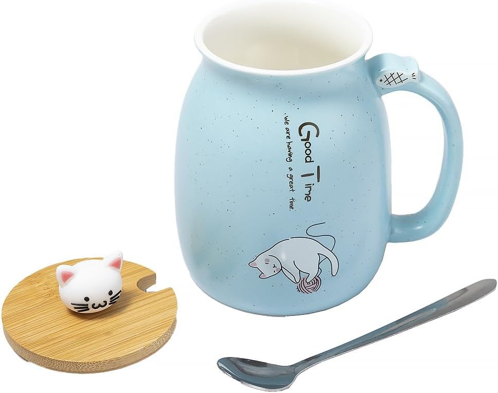 KAWAII Cat Mug 450ml Large Mug with Lid and Spoon Capacity - Infusion Tea Coffee Cup - Original Japanese Mug - Cute Kitty - Color Blue