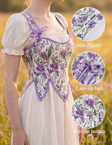Image of SCARLET DARKNESS Corset Tops for Women Renaissance Costume Floral Lace Up Boned Bustier with Zip