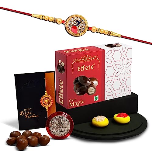 Image of DeoDap Multi-Colour Rakhi Combo Gift Set with Chocolate 32gm, Tilak Set, Pooja Coin and Greeting Card - Brother Rakhi