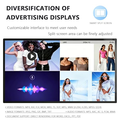 Image of Digital Signage Player Screen, Non-Touch Full-Color LCD Display Board for Retail Store Advertising, 24 /7 Smart Automation Power & Brightness Control, Multi-Zone Split Playback 13.3in