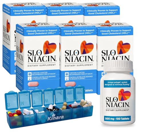 Kinara Slo Niacin 500mg Flush Free 100 Capsules 6-Pack Vitamin B3 Heart & Nutritional Health Energy Production Circulation Skin Pill Organizer