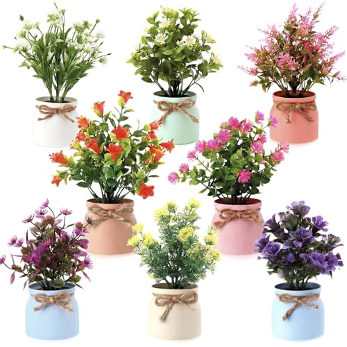 Zeyune Large Spring Artificial Flowers Potted Centerpieces Desktop Fake Floral Plants in Macaron Pot Greenery for Office Table Home Indoor Bathroom Office Wedding Bridal Decor(8 Pcs,Classic)