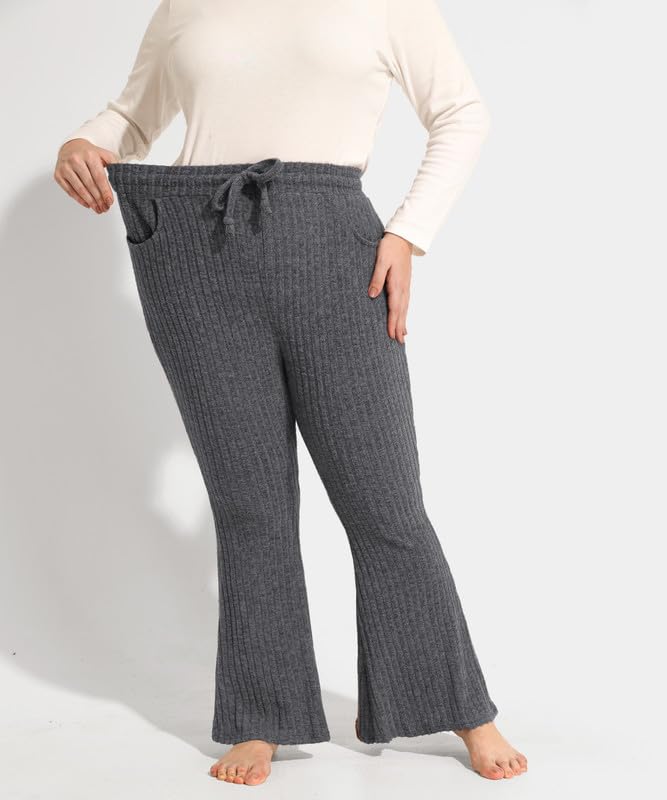 TIYOMI Plus Size Ribbed Pants for Women Drawstring High Waist Wide Leg Lounge Pants Knit Flared Trousers with Pockets XL-5XL3