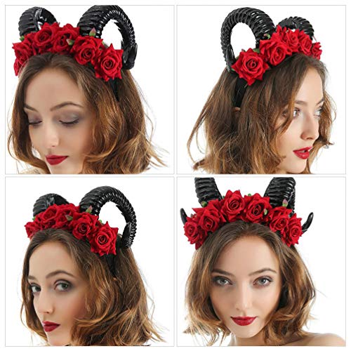 FRCOLOR Horn Flower Headband Headpiece,Rose Flower Hair Hoop Headband Mexican Floral Black Halloween for Women,Girls(Red) - Image 4