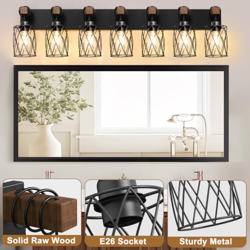 Image of IZORRO Farmhouse Bathroom Vanity Light, 7-Light Wood Bathroom Light Fixtures Over Mirror, Black Industrial Vanity Lights with Metal Shade, Rustic Restroom Lighting Fixtures