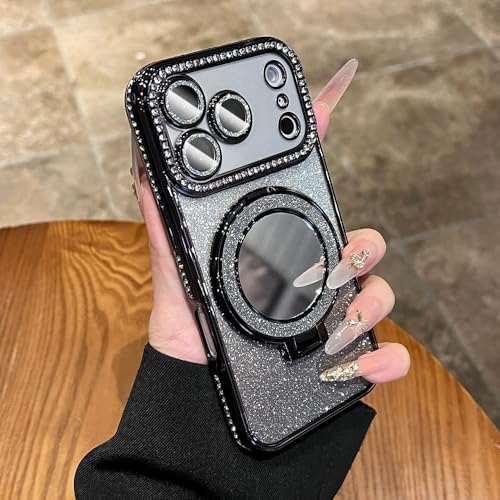 Étui à paillettes dégradées avec support magnétique miroir pour iPhone 15 Noir