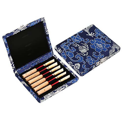 Reed Case, Wooden Silk Cloth Cover Reed Case Holder Storage Box for 6pcs Oboe Reeds (Blue)