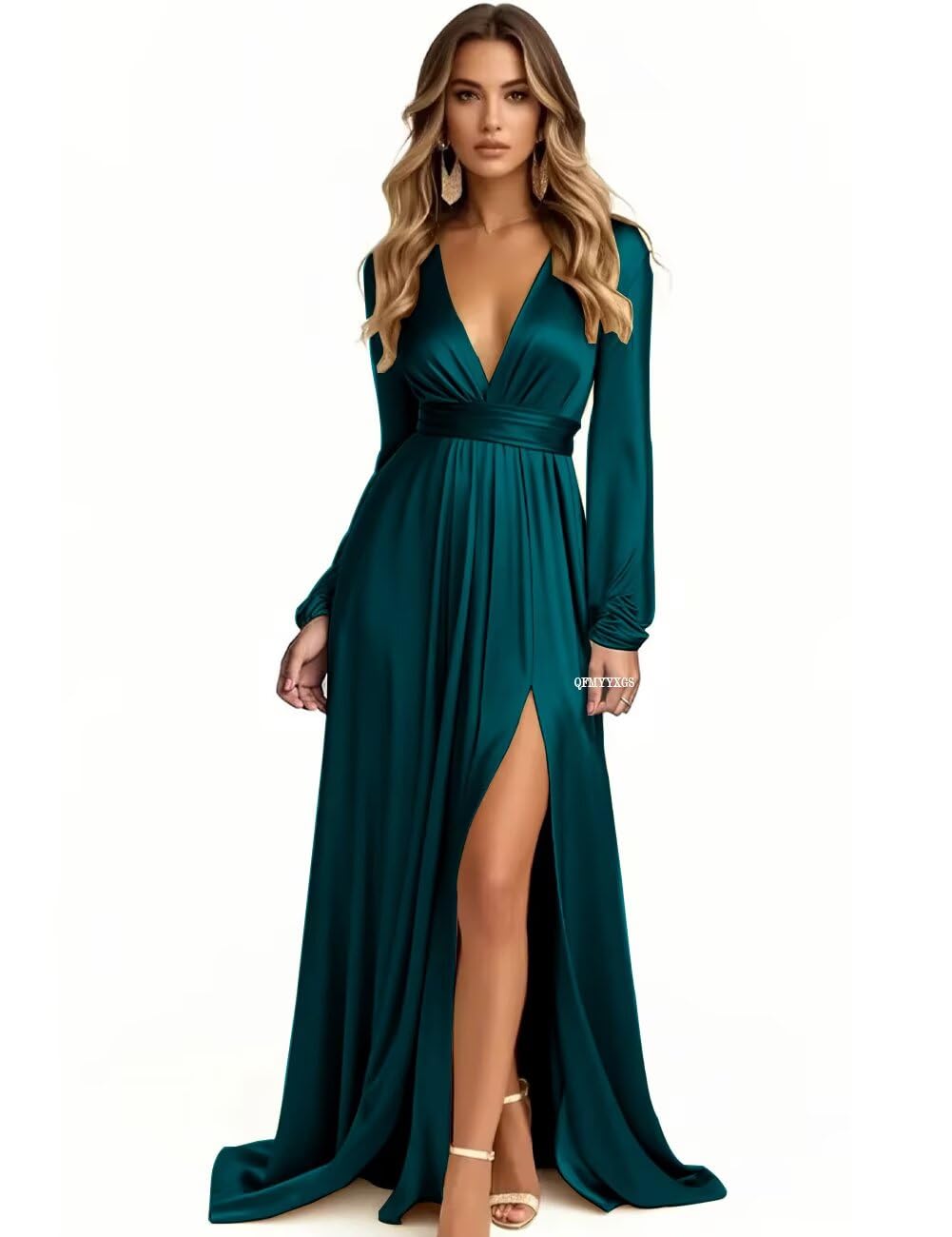 Long Sleeve Bridesmaid Dresses for Wedding Satin V-Neck Formal Dress Pleated Evening Party Gown with Slit