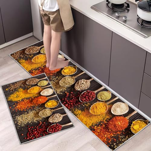 Hoimlm Lot de 2 Tapis de Cuisine antidérapants, Absorbe l'eau et l'huile, Résistant à la poussière Tapis de Cuisine,Tapis de Sol pour l'intérieur (Assaisonnement,...