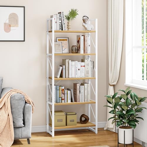 YITAHOME Bibliothèque à 5 Niveaux, Étagère sur Pied en Bois et Métal, Rangement pour Salon, Bureau à Domicile - Blanc et Chêne