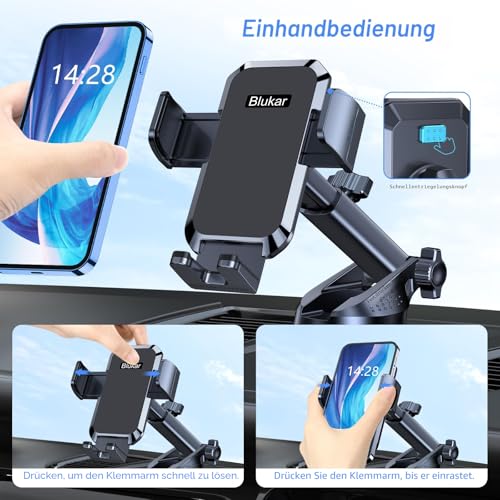 Blukar Handyhalterung Auto, [Upgrade Saugnapf] Handyhalter für Autos Armaturenbrett & Windschutzscheibe, 360° Drehbar KFZ Handy Halterung mit EIN-Knopf-Release für iPhone, Galaxy, Mate usw.