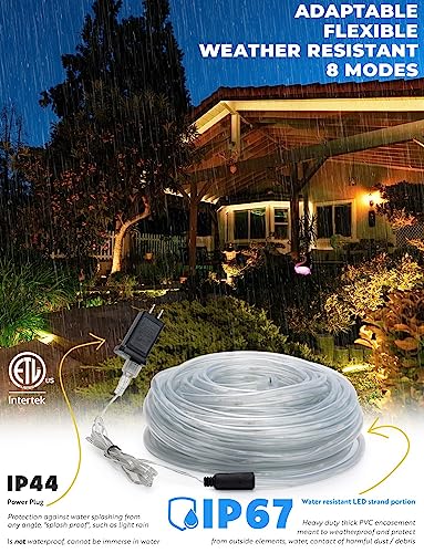 West Ivory 10ft 8-Mode LED Rope Light, Outdoor Waterproof Accent Lighting, Remote Control Included, ETL Certified w/Clear Flexible PVC Tube, Backyard, Christmas Lights, Ambient Décor - Warm White