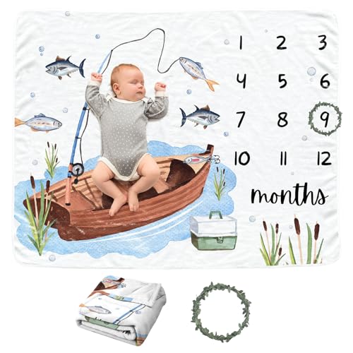 Image of Fishing Baby Monthly Blanket for Boy & Girls, Newborn Month Blanket, Soft Flannel Photography Background Prop, Personalized Shower Gift, Fishing
