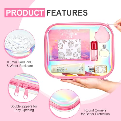 Image of Hoolerry 4 Pcs Hard Clear Zipper Case Makeup Bags Plastic Zipper Pouch Transparent Storage Box Containers for Cosmetics, Snacks, Building Blocks, Puzzles(Clear,9.8 x 7.9 x 2 in,Pink Laser)