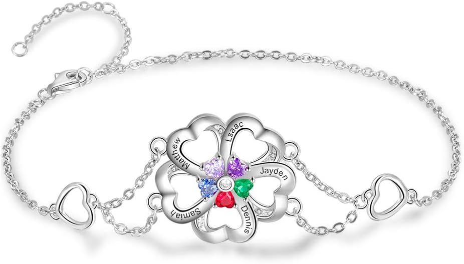 Personalized Sterling Silver Name Bracelet with 3-5 Hearts Simulated Birthstones Engraved Family BBF Names Bracelet for Women