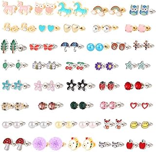 RosewineC 42 Pairs Girls Earrings Stainless Steel Cute Stud Earrings for Women Teens Assorted Hypoallergenic Animal Flower Fruit Unicorn Mixed Color Earrings Set (Iron Needle)