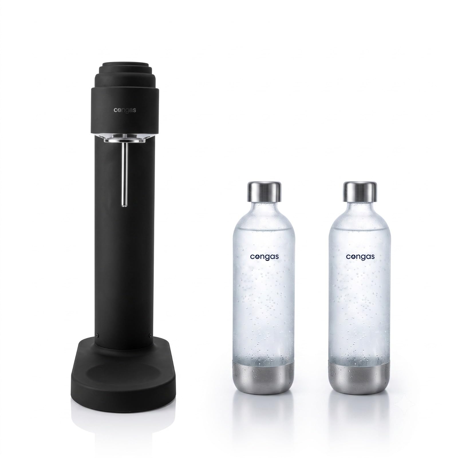 CONGAS Máquina para Hacer Agua con Gas Burbujito – Gasificador Manual de Acero Inoxidable 304 sin Cables ni Pilas – Kit con 2 Botellas de 1L – Compatible con Cilindros de CO2 de Rosca Estándar