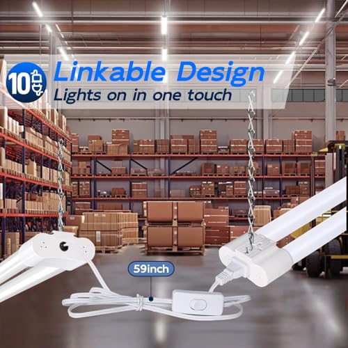 Image of hykolity 60W 4FT Linkable LED Shop Light for Garage,6500LM | Utility Shop Light Fixture,5000K Daylight LED Workbench Bay Lighting with Plug,Hanging or Surface Mount,White-ETL,10 Pack