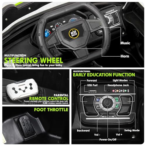 Image of Wishmaster Kids Battery Operated Car, Big Size 1166 Model, 4 Motor Ride-On EV for Boys & Girls 1-10 Years | Remote + Steering + Mobile App | Bluetooth Music | Black & Gold Kids Electric Jeep
