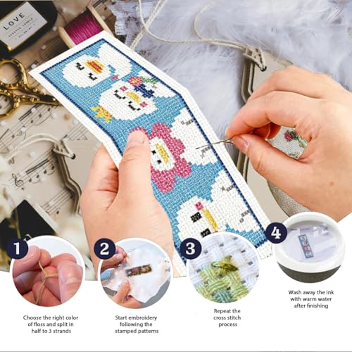 Image of INFUNLY 6PCS Horizontal Animals Cross Stitch Bookmarks Kits 3x8.5inch Brave Penguin Stamped Embroidery Bookmark Set Pets Cats Dogs Needlepoint Bookmark Kit with Instruction for Book Lovers Writer