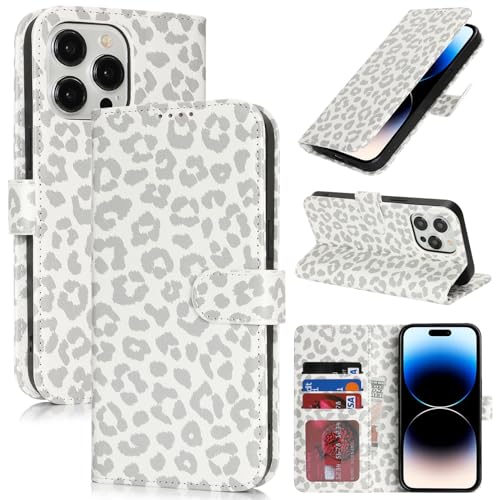 Image of for iPhone 14 Pro Max Case Wallet with Card Holder,for iPhone 14 Pro Max Wallet Case for Women Men,PU Leather Shockproof Magnetic Buckle Stand Flip Phone Case-White Leopard