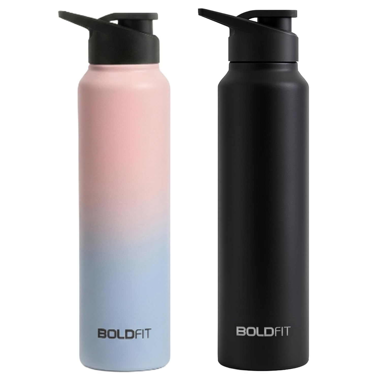 Boldfit Stainless Steel Water Bottle 1 Litre BPA-Free, Leak-Proof & Rust-Free Metal Bottle with Handle Lightweight, Easy to Clean Ideal for Office, Gym, School & Travel, Pink Blue & Black (Pack of 2)