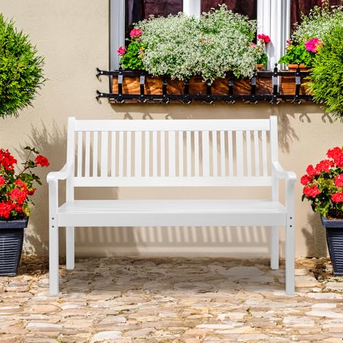 Image of VINGLI 50 inch Outdoor Wood Bench, Weatehr Resistant Wooden Garden Patio Bench with Comfortable Backrest & Curved Armrest, 800lb Capacity Loveseat for Front Porch Park Yard Deck (White, Dense Slatted)