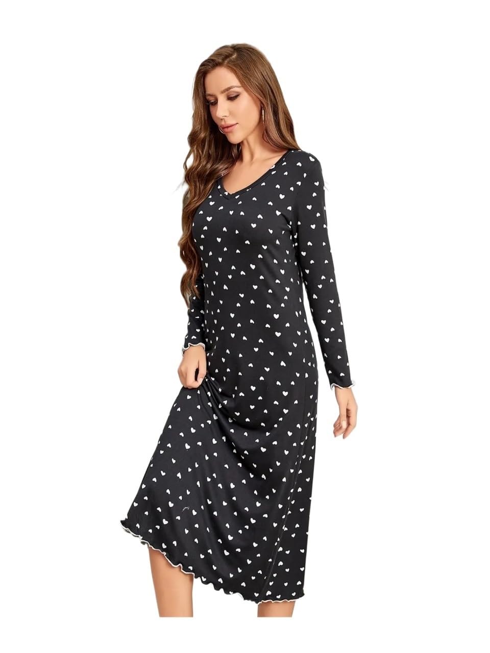 Camisón con estampado de corazón para mujer, cuello en V, manga larga, dobladillo con volantes, ropa de dormir para mujer, ropa de dormir para el hogar, vestido de pijama