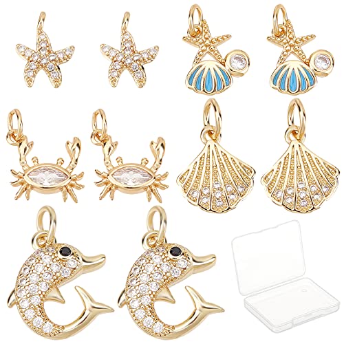 SUNNYCLUE 1 Box 10Pcs 5 Styles Shell Charms Starfish Charm Micro Pave Cubic Zirconia Pendant Brass Dolphin Ocean Pendants for Jewellery Making Charms Keychain Earring Necklace DIY Crafting Accessories
