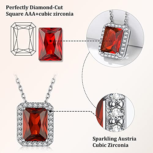 Bestyle 925 Sterling Silver Love Square Cut Cubic Zirconia Halo Necklaces, Brilliant Created July Ruby Cz Birthstone Necklace Pendant For Women Girls #TOP2