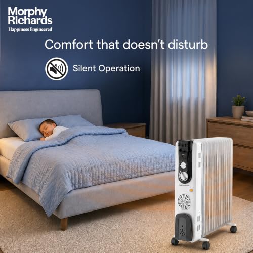 Image of Morphy Richards OFR 13F 13-Fin Oil Filled Radiator Room Heater | 2900W (2500W + 400W PTC Fan) | Adjustable Thermostat, Safety Shut-Off, Castor Wheels | White