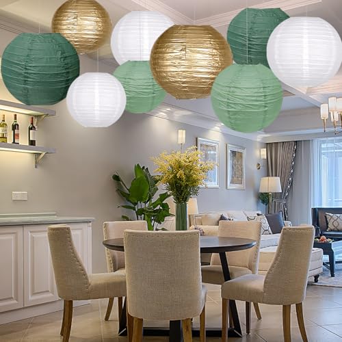 Image of Paper Lanterns Decorative, Hanging Paper Lanterns Party Decorations for Graduation Wedding Baby Shower Tropical Jungle Theme Birthday Party Decorations Sage Green /Gold /White 9pcs