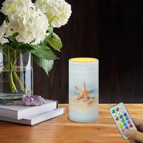 Image of Flameless Candle Flame Effect Realistic LED Lights, Battery Operated Flameless Table Lamp with Timer Remote 12 Colors Changing Ideal Gifts for Women, Starfish Seashell Blue Wood Grain