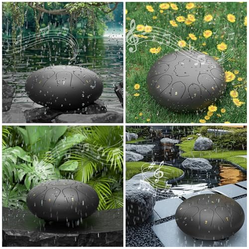 Image of Rain Drum for Outside Garden, 8 Inches 11 Notes Steel Tongue Chakra Drum, Waterproof Meditation Rain Chime, Musical Instruments for Adult Gift with Bag, Music Book, Mallets (Black)