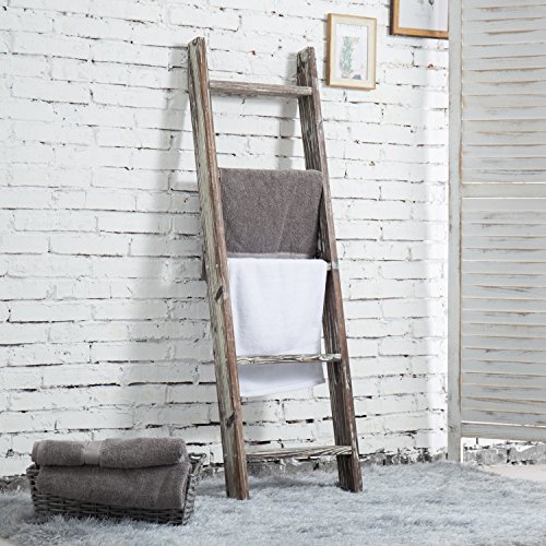 MyGift 4.5-Foot Wall-Leaning Ladder-Style Torched Wood Blanket Rack