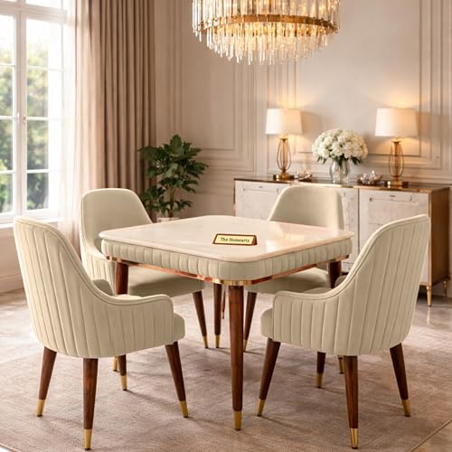 Image of Onyx Elite Modern Dining Table Set 4-Seater Modern Wooden Dining Table Set |1 Year Warranty | Onyx Top Table with 4 Chairs (Beige)
