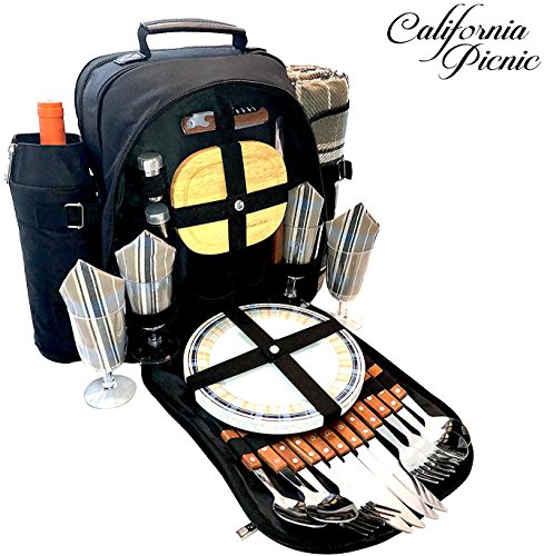 Picnic Backpack for 4 | Picnic Basket | Stylish All-in-One Portable Picnic Bag with Complete Cutlery Set, Stainless Steel S/P Shakers | Picnic Blanket Waterproof Extra Large| Cooler Bag for Camping