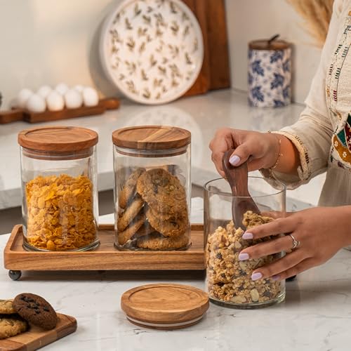 Image of Trine Storage Jar Set - Glass & Acacia Wood with Tray - Multipurpose Storage for Kitchen & Decor (Set of 3)