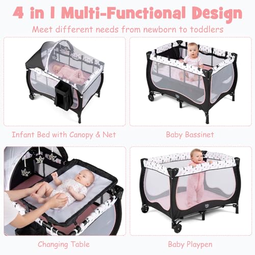 Image of BABY JOY 4 in 1 Pack and Play, Portable Baby Playard with Bassinet, Adjustable Canopy, Changing Table, Lockable Wheels, Music Box, Travel Baby Crib Bassinet from Newborn to Toddler